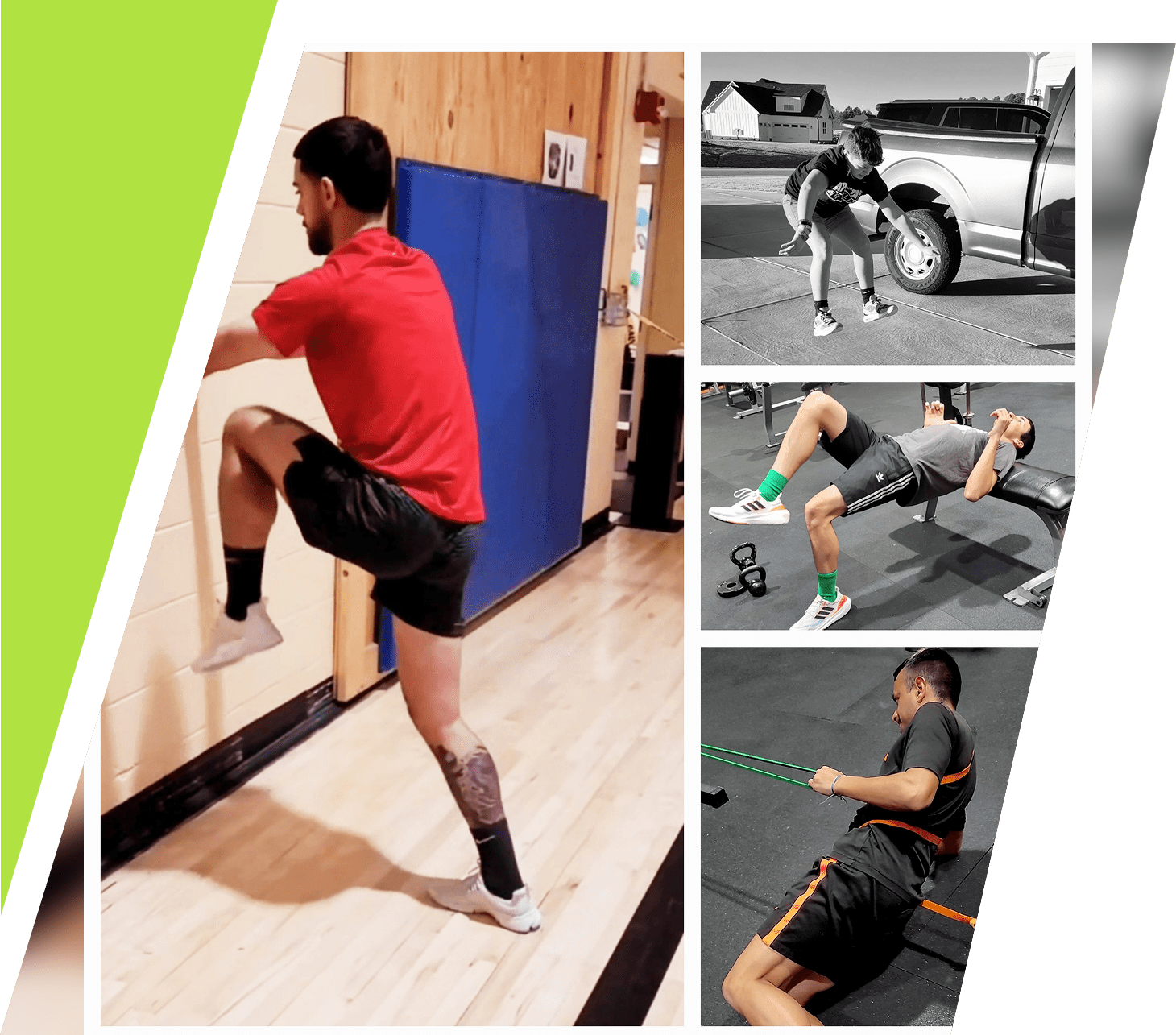 A man performs various stretching exercises in a gym.